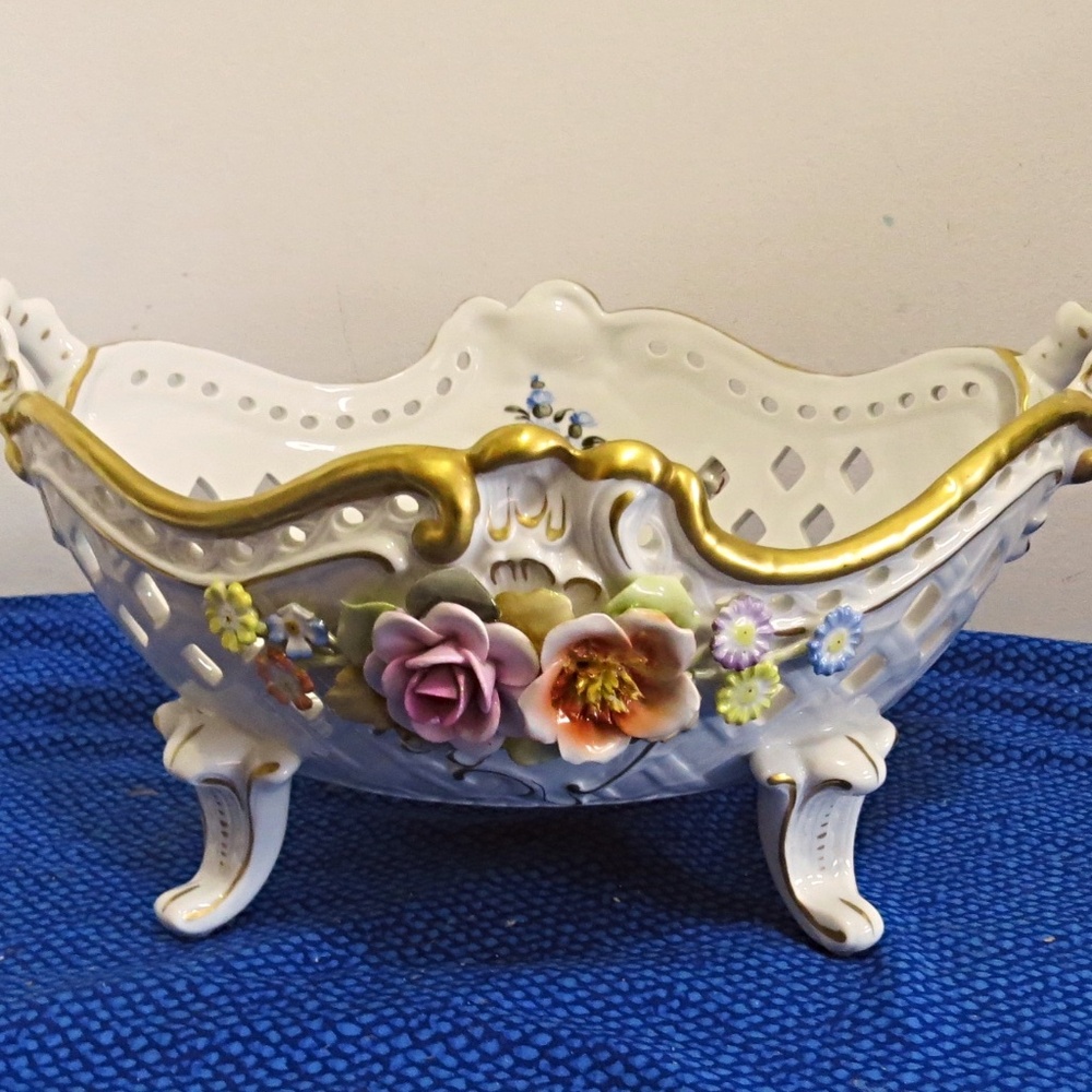 Vintage Von Schierholz Dresden Porcelain Display Bowl | Flower Encrusted Dresden